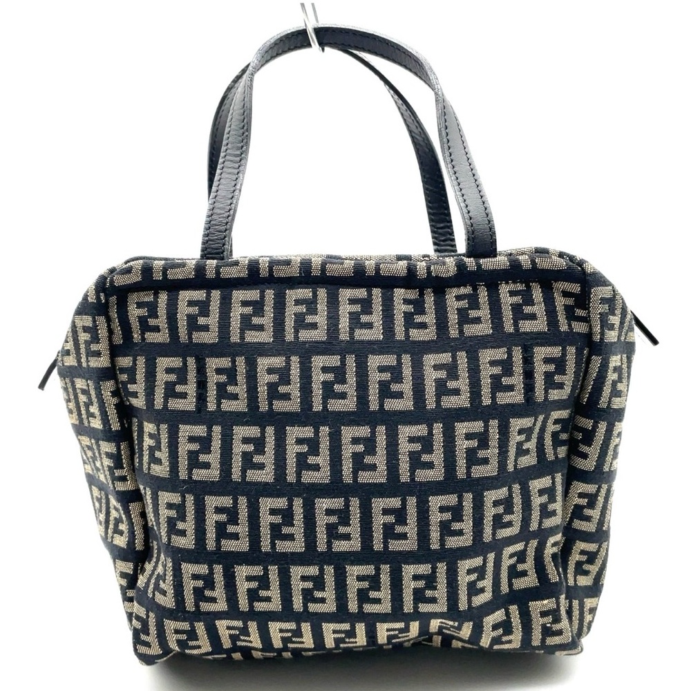 Authentic Fendi Zucchino Pattern Canvas Black x Beige Small Handbag